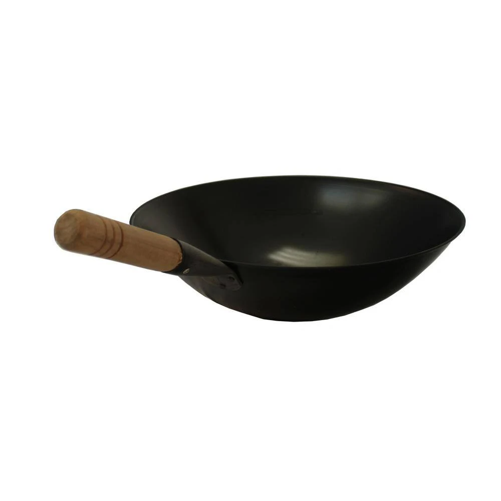 Large 15.75 in. Black Cool Roll Iron Wok with Wood Handle by SPT - Image 3