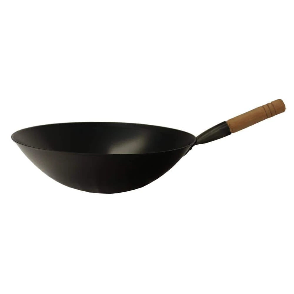 Large 15.75 in. Black Cool Roll Iron Wok with Wood Handle by SPT