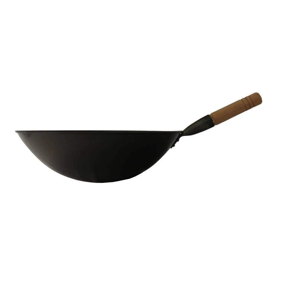 Large 15.75 in. Black Cool Roll Iron Wok with Wood Handle by SPT - Image 2