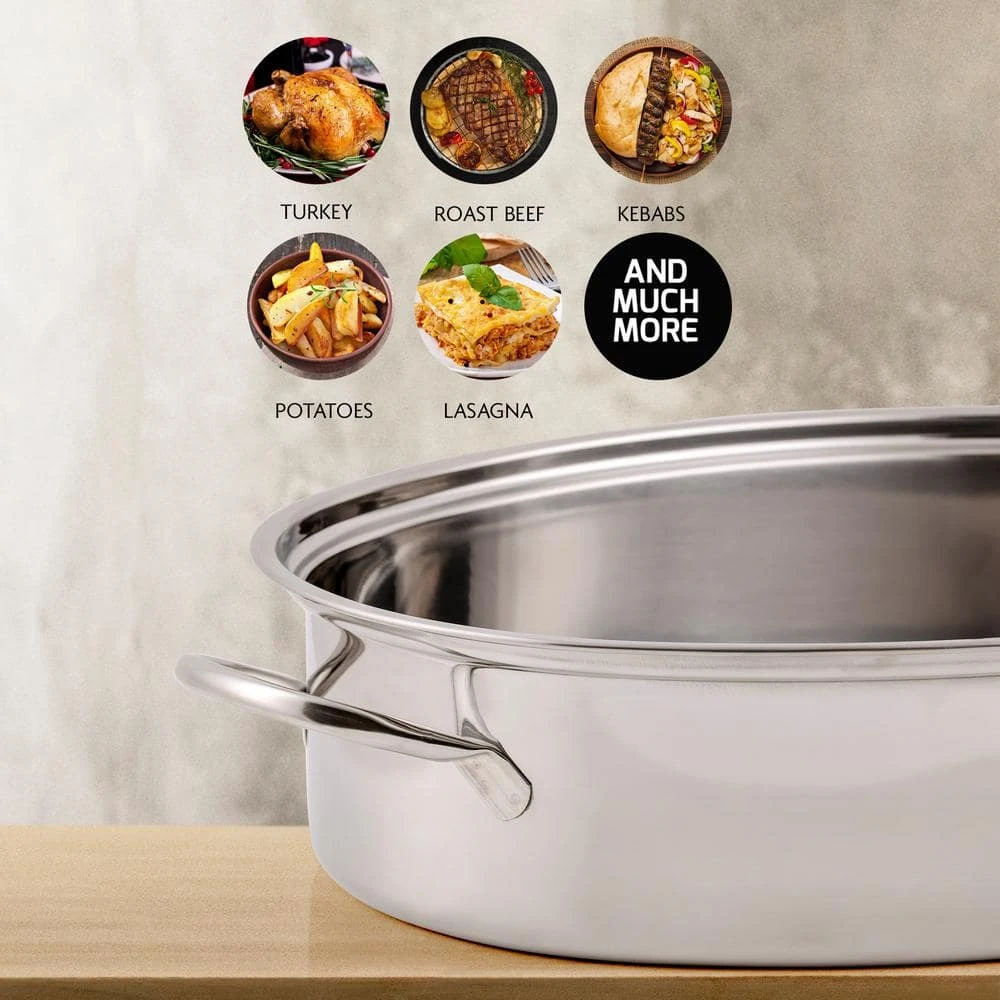 16 in. Silver Stainless Steel Oval Roasting Pan/Baking Tray with Lid and Rack by OVENTE - Image 5