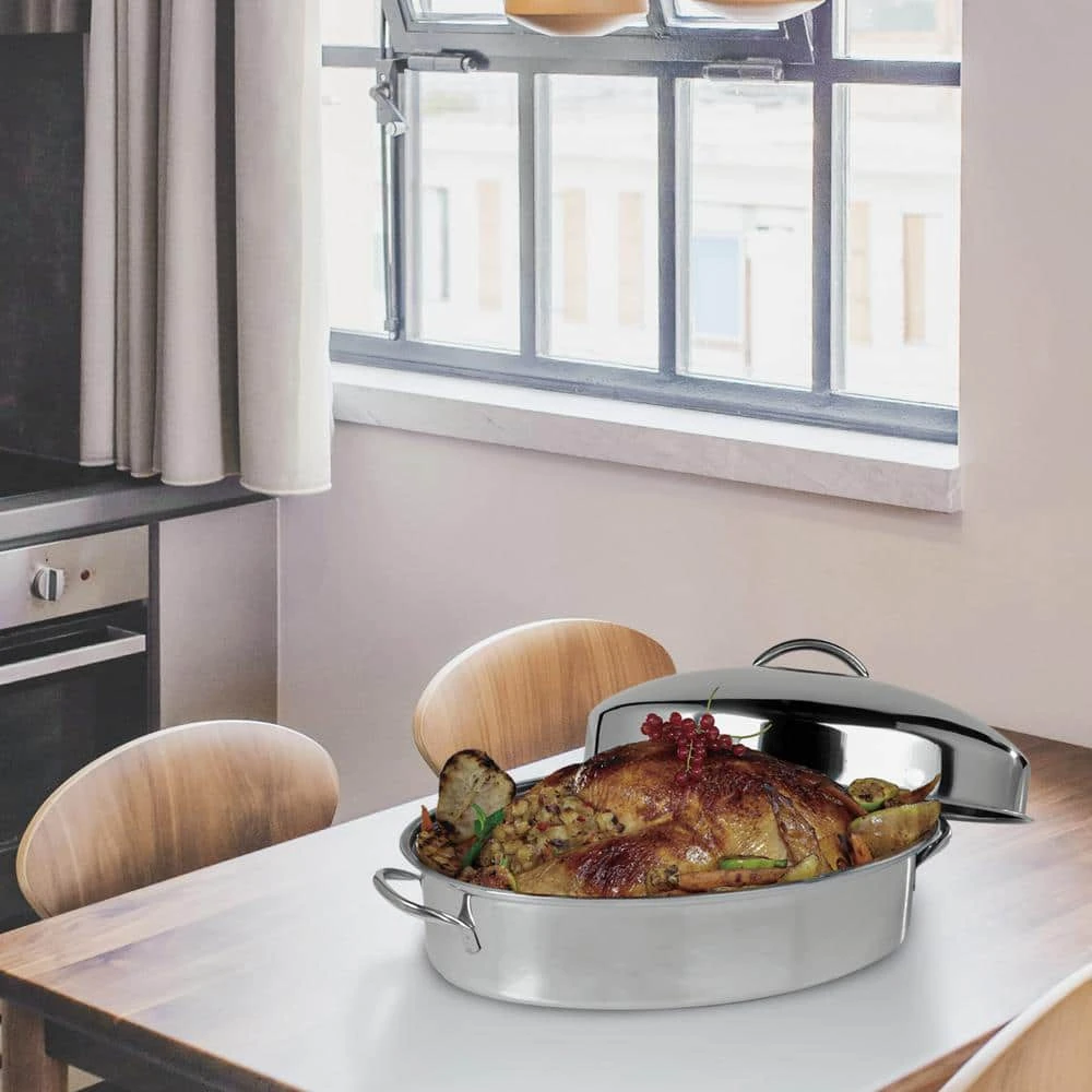 16 in. Silver Stainless Steel Oval Roasting Pan/Baking Tray with Lid and Rack by OVENTE - Image 9