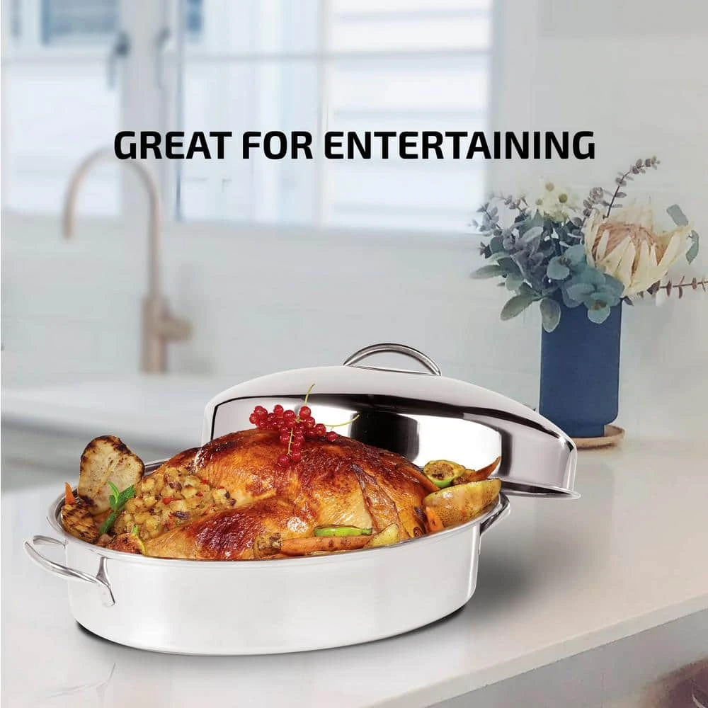 16 in. Silver Stainless Steel Oval Roasting Pan/Baking Tray with Lid and Rack by OVENTE - Image 4