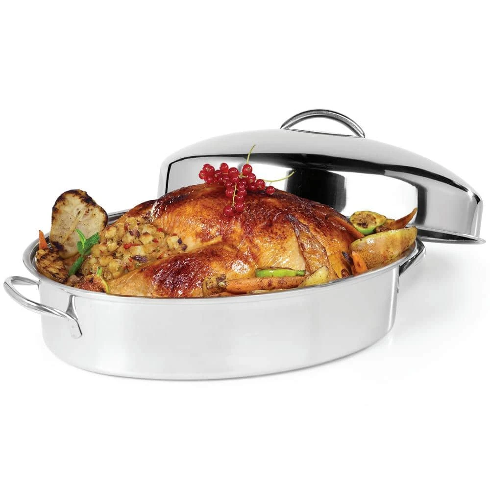 16 in. Silver Stainless Steel Oval Roasting Pan/Baking Tray with Lid and Rack by OVENTE