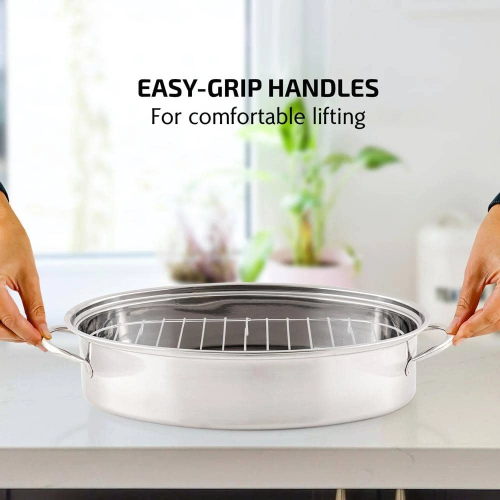 16 in. Silver Stainless Steel Oval Roasting Pan/Baking Tray with Lid and Rack by OVENTE - Image 3