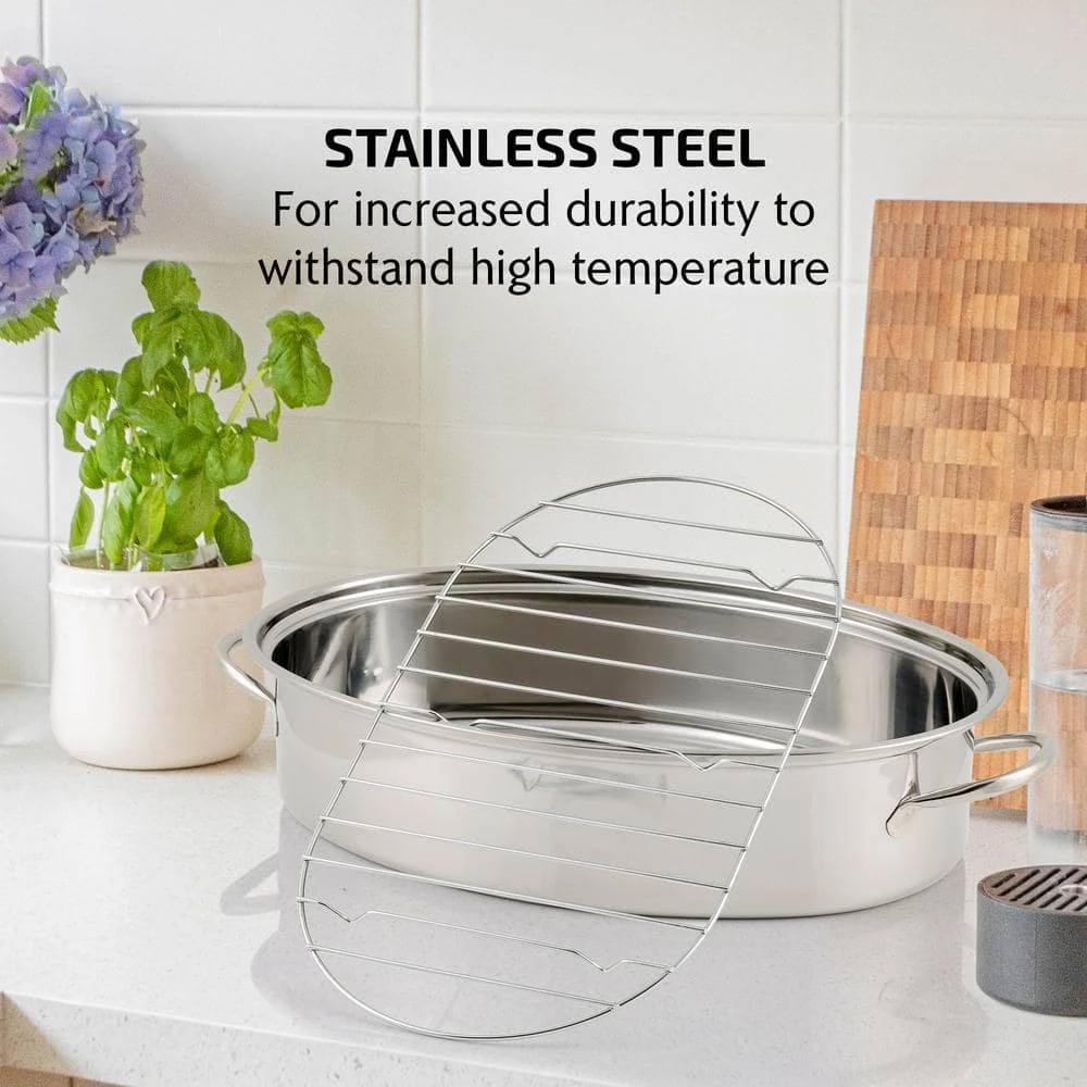 16 in. Silver Stainless Steel Oval Roasting Pan/Baking Tray with Lid and Rack by OVENTE - Image 7