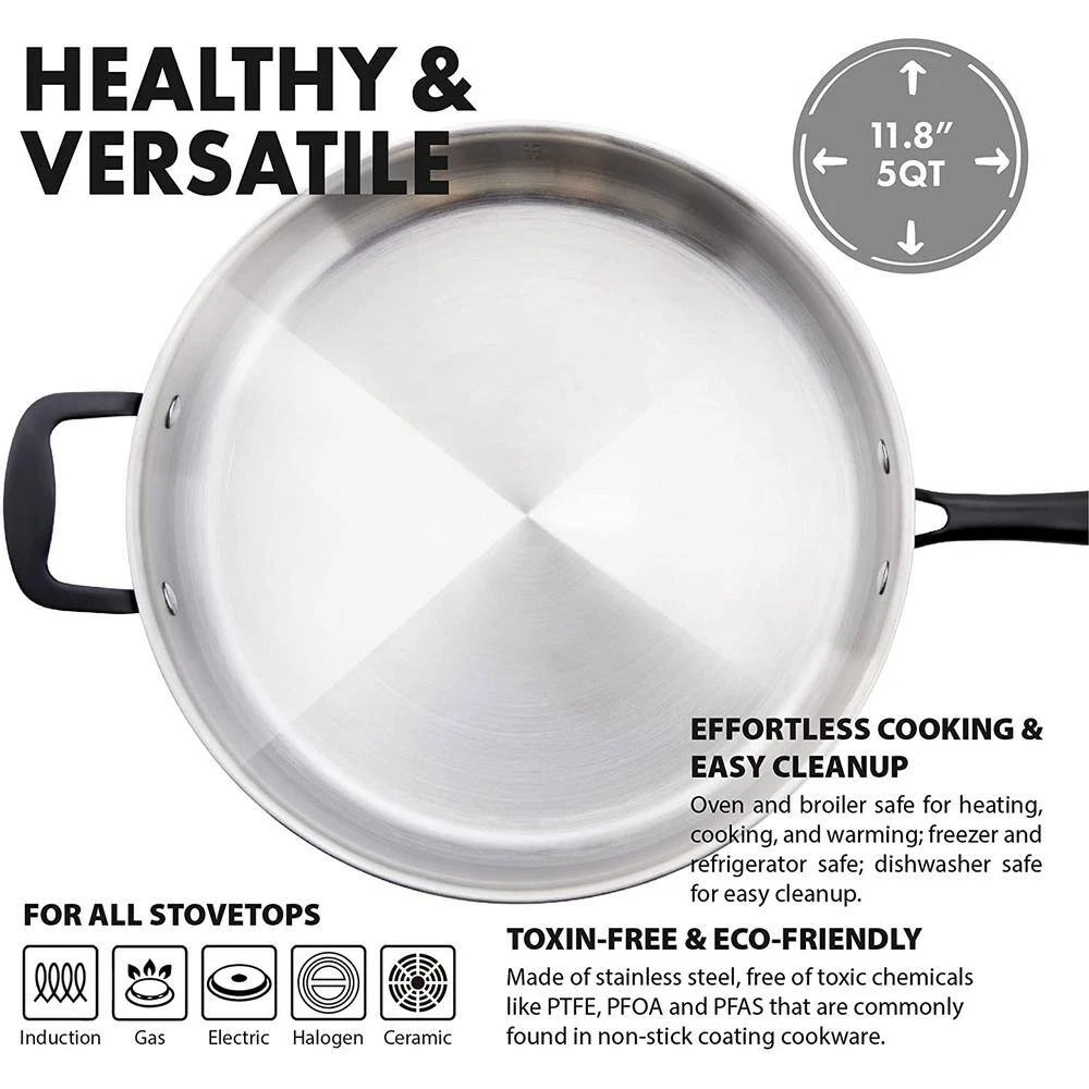 5 Qt. 12 in. Tri-Ply Stainless Steel Saute Pan by GRANDTIES - Image 3