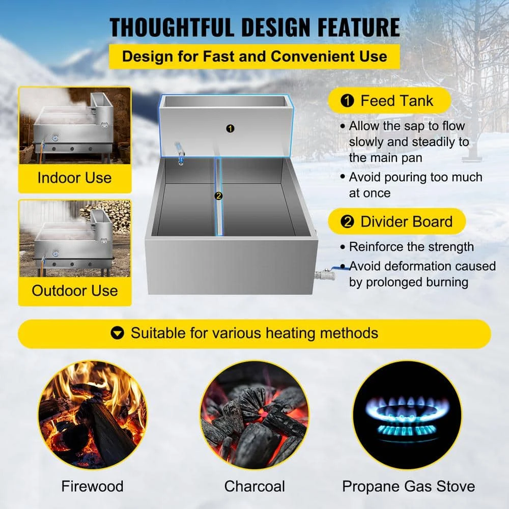 35.8 in. x 24 in. x 18.5 in. Stainless Steel Evaporator Sap Stove with Divided Pan and Feed Pan for Boiling Maple Syrup by VEVOR - Image 6