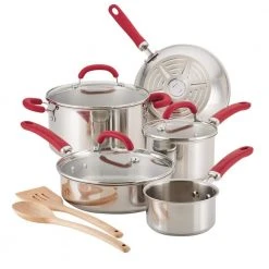 Create Delicious 10-Piece Stainless Steel Cookware Set in Stainless Steel with Red Handles by Rachael Ray