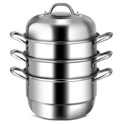 8 qt. Stainless Steel Soup Pot with 2-tier 3.6 qt. Steamer Inserts and Lid by WELLFOR