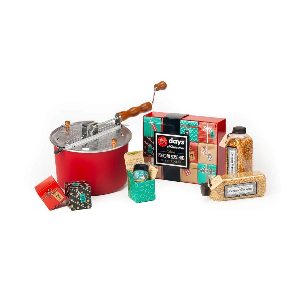 6 qt. Aluminum Red Stovetop Popcorn Popper with 12-Days of Christmas Popcorn Seasoning Set by Whirley-Pop