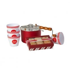 6 qt. Aluminum Red Stovetop Popcorn Popper with Hull-less Kernels Set with 4-Popcorn Bowls by Whirley-Pop