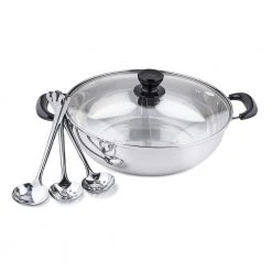 11 in./28 cm 4 qt. Stainless Steel Shabu Hot Pot with Divider and 3-Ladles by Tayama