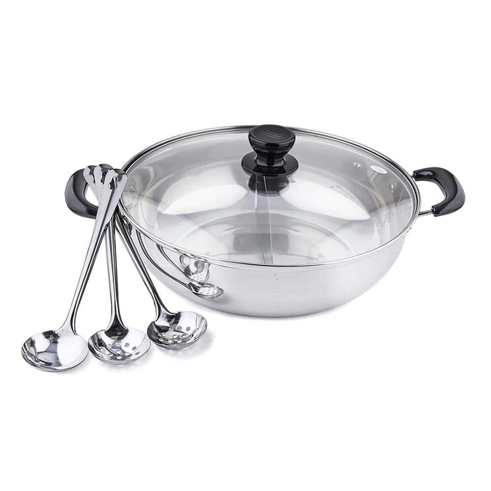 11 in./28 cm 4 qt. Stainless Steel Shabu Hot Pot with Divider and 3-Ladles by Tayama