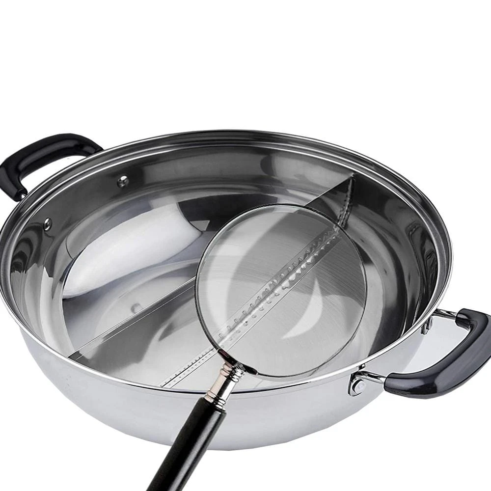 11 in./28 cm 4 qt. Stainless Steel Shabu Hot Pot with Divider and 3-Ladles by Tayama - Image 6