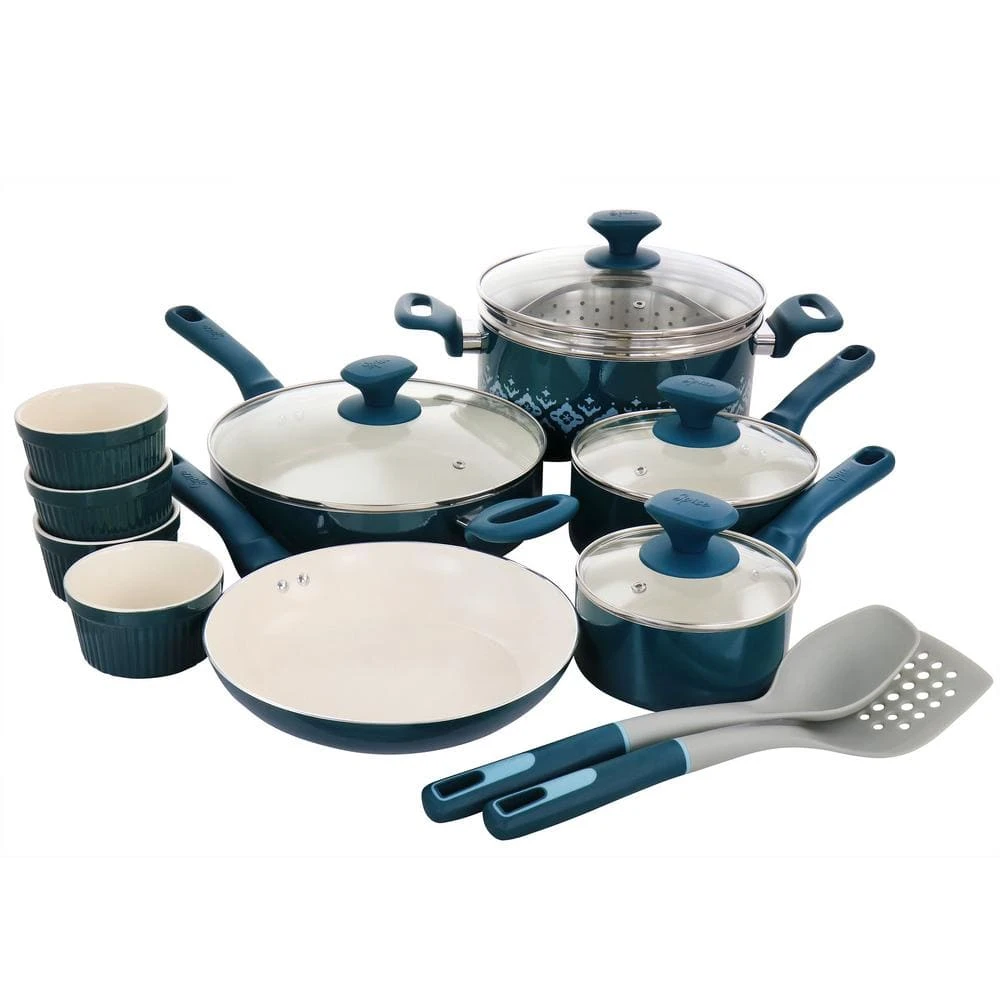 Savory Saffron 16-Piece Ceramic Nonstick Cookware Set in Teal by Spice BY TIA MOWRY
