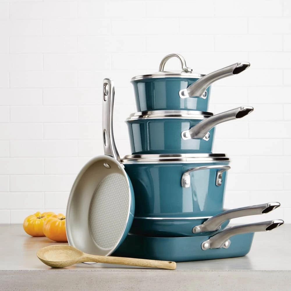 Ayesha Home Collection Porcelain Enamel Nonstick Cookware Set, 10-Piece, Twilight Teal by Ayesha Curry - Image 7