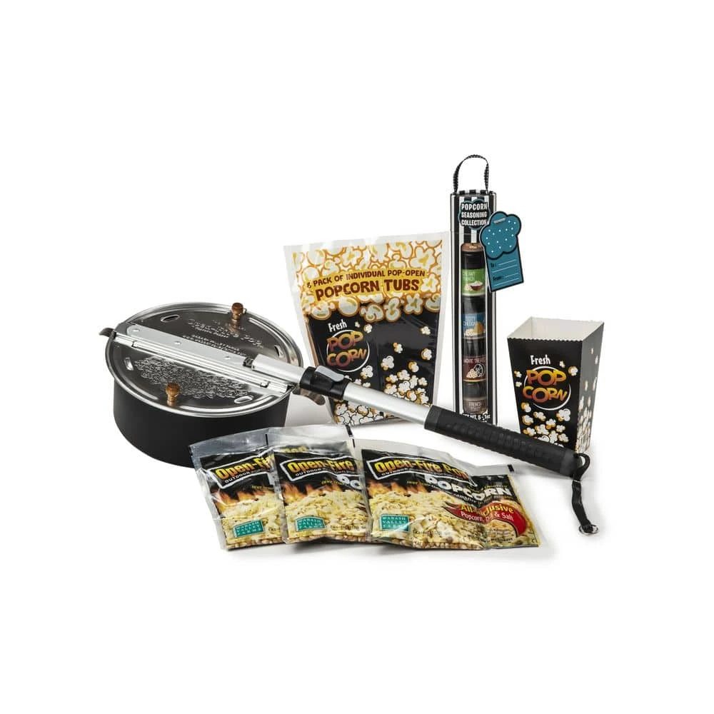 4 qt. Aluminum Black Outdoor Popcorn Popper with 3-All-Inclusive Popping Kits, 5-Pieces Seasoning Tube and 8-Tubs by Wabash Valley Farms