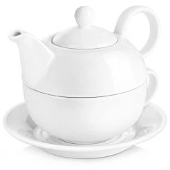 White Porcelain Teapot 11 Ounce Tea for One Set 1 Piece Teacup and Saucer by MALACASA