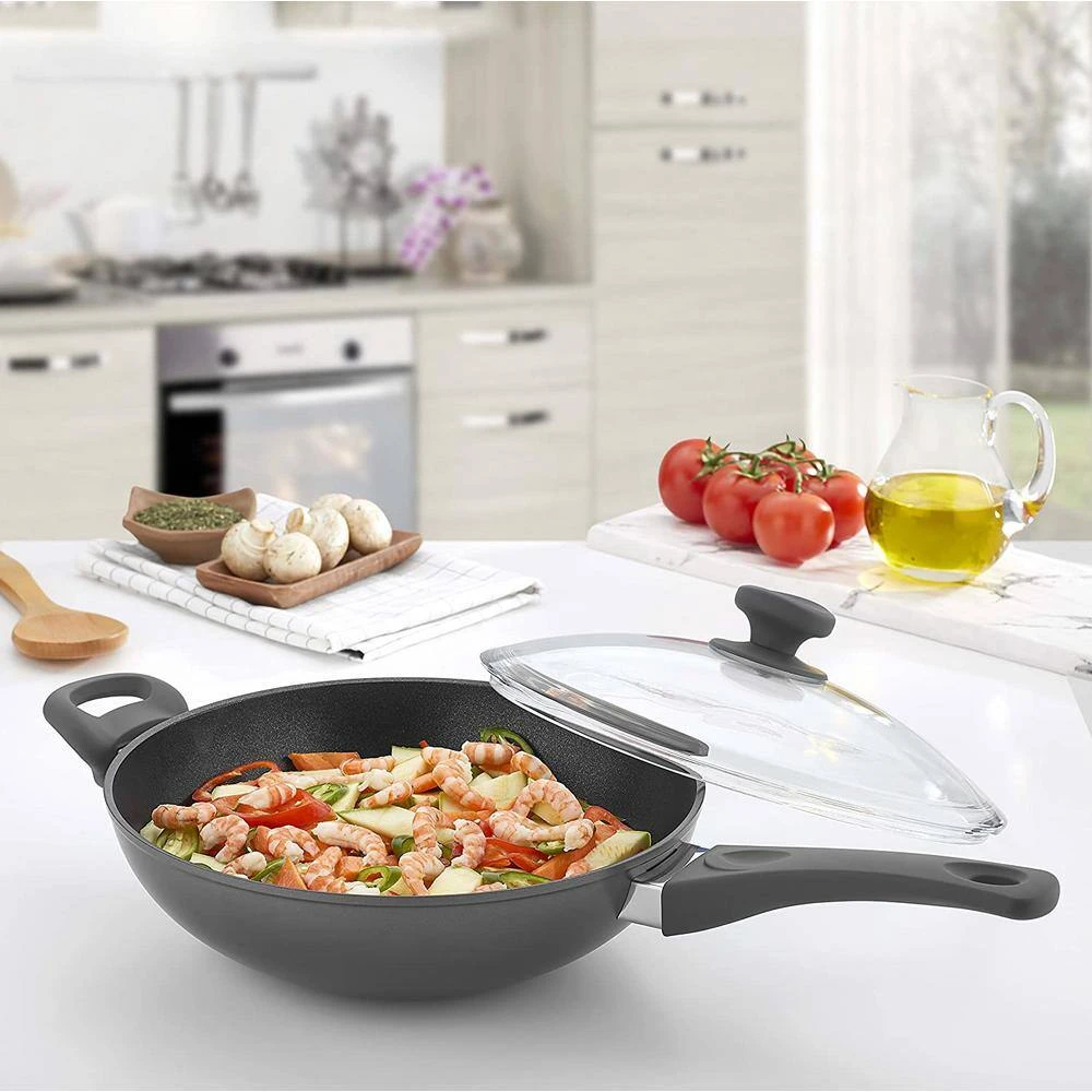 11 inch Titanium Coated Aluminum NonStick Wok Pan in Gray with Glass Lid by Context - Image 2