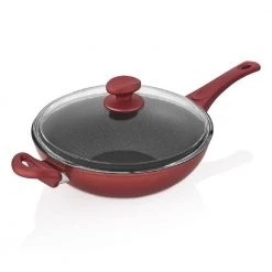 11 in. Red Titanium Coated Aluminum Non-Stick Wok with Glass Lid by CONTEXT