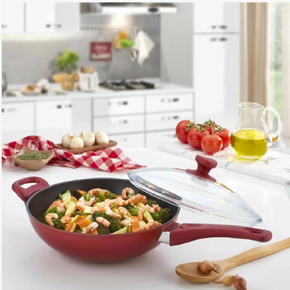 11 in. Red Titanium Coated Aluminum Non-Stick Wok with Glass Lid by CONTEXT - Image 2